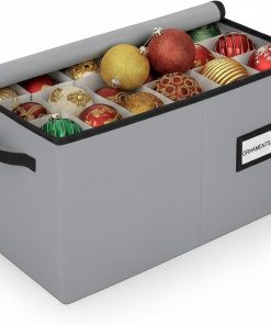 Christmas Ornament Storage Container with Dividers - Box Stores Up to 54 Ornaments. Zippered. Convenient. Adjustable. Large Organizer Bin to Protect Holiday Décor. Fits Most Standard Size. Grey